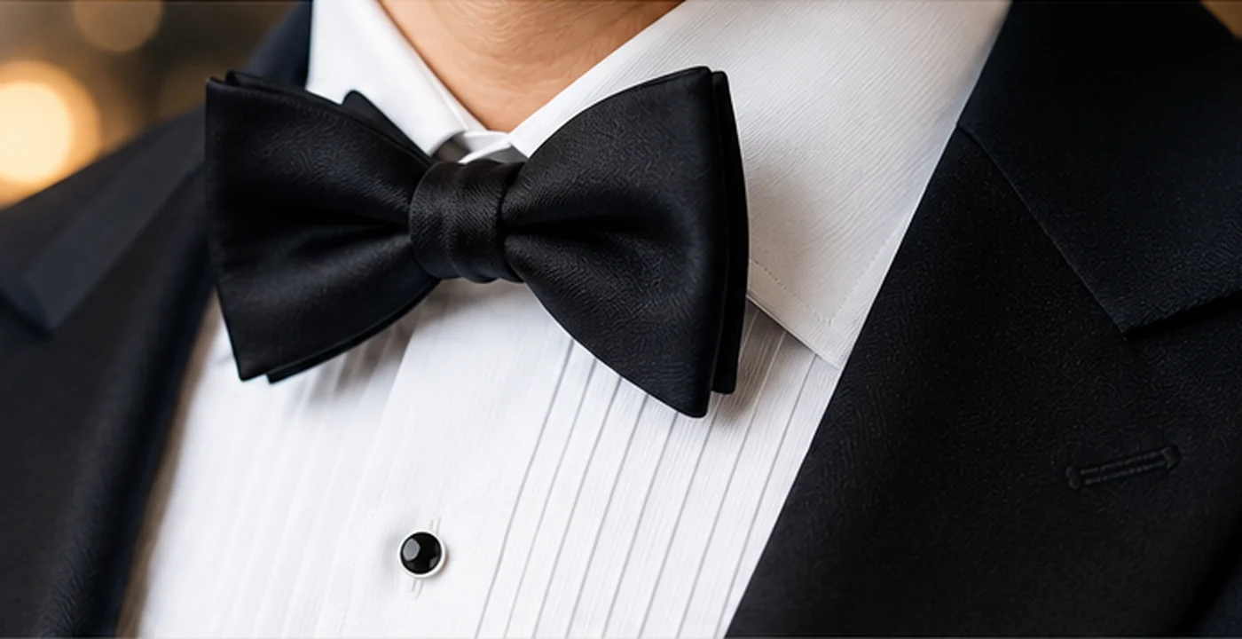 Black bow tie worn with a white formal shirt and dark dinner jacket